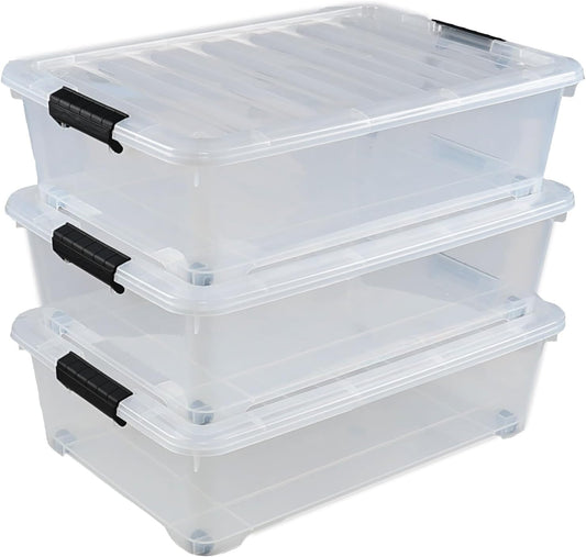 Zopnny 25 Quart Plastic Under Bed Storage Organizer Bin Container with Secure Lids and Durable Buckles, Clear, 3 Pack