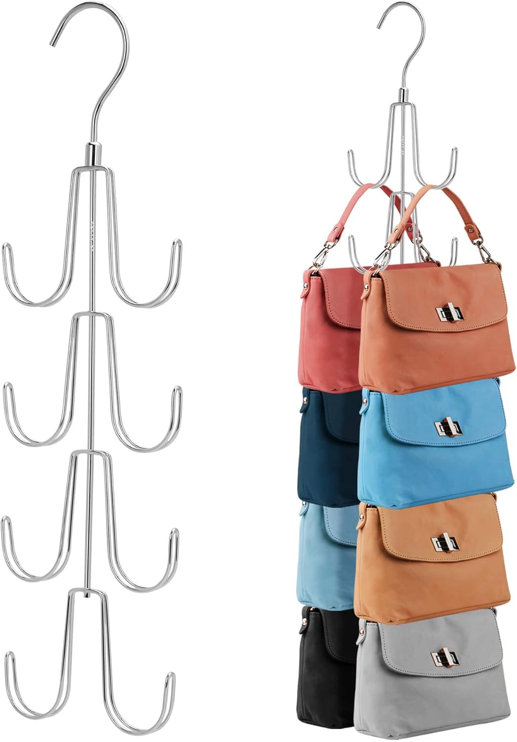 ZEDODIER 2 Pack Purse Organizer for Closet, Rotatable Purse Hanger Bag Holder, Max 16 Storage Capacity Backpack Rack, Metal Space Saving Hanger, Silver