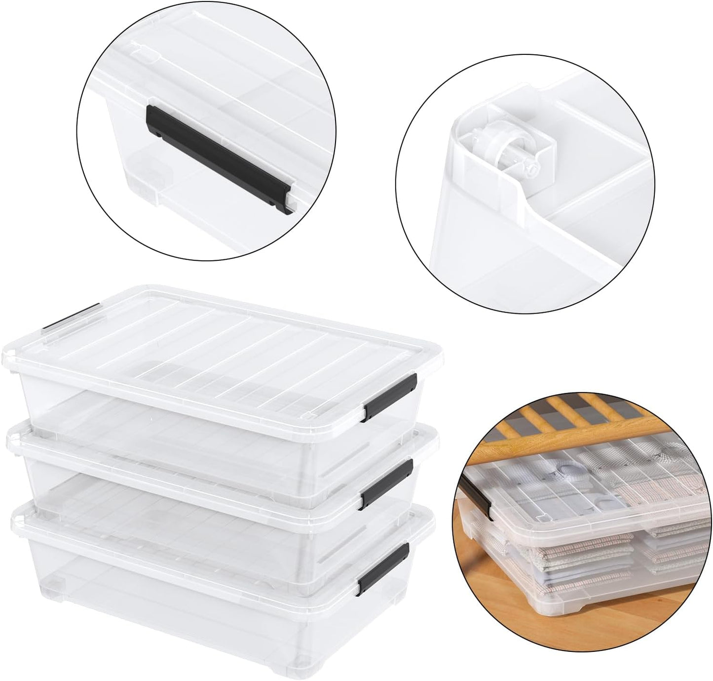 40 Quarts Clear Stackable Underbed Box, Shallow Underbed Bins with Wheels Set of 3