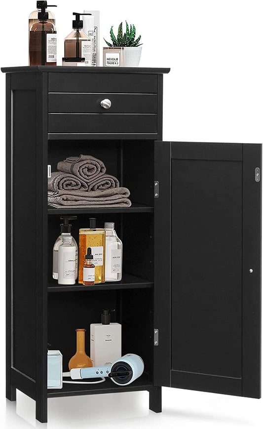 HAPPYGRILL Bathroom Floor Cabinet, Single Door Floor Storage Cabinet Organizer with Drawer and 3-Level Adjustable Shelves, Bathroom Cabinets Freestanding with Anti-Tipping Device for Living Room