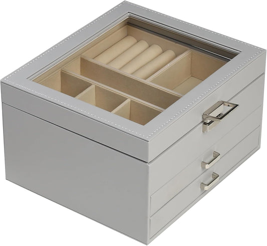 BOOVO Clear Lid Jewelry Box,3 Layers Jewelry Organizer Large Multi-Functional Jewelry Storage Box with 2 Drawers,Jewelry Display Case of Rings Earrings Necklace Bracelets for Women Girls (Grey)