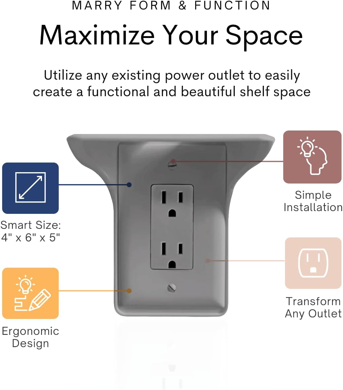 BeraTek Power Perch Wall Outlet Shelf | Declutter & Reclaim Counter Space | Bedroom & Bathroom Organizing Shelves | Alexa Echo Dot Holder, Router Shelf, Holds Electric Toothbrush | Gray, 1-Pack