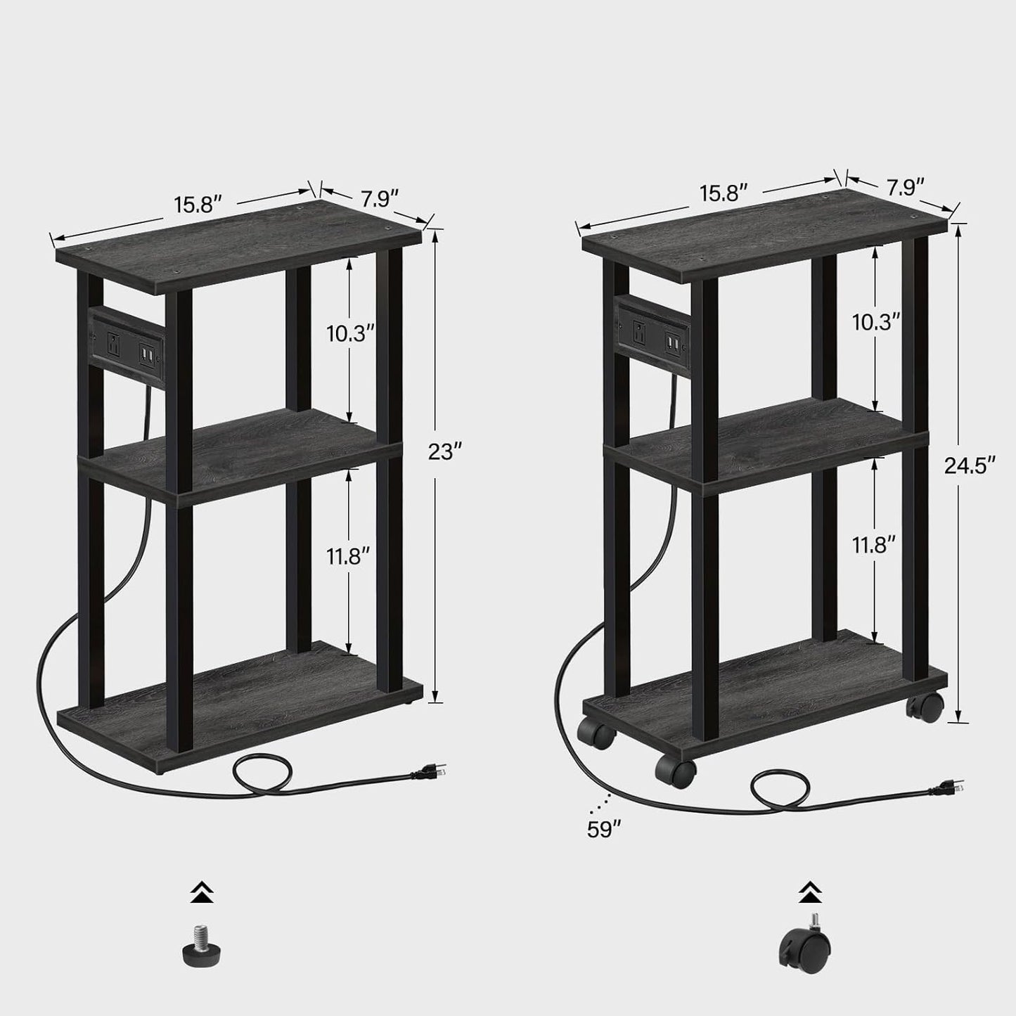 TUTOTAK Small Narrow Side Table with Charging Station, Skinny End Table for Small Spaces, Slim Nightstand with USB Ports and Outlet, Sofa Beside Table with Wheels, Charcoal Grey TB01BY046