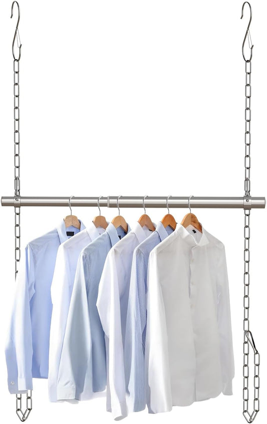 Hanging Closet Rod, Adjustable Width and Height Closet Rods Extender, 17-28inch Heavy-Duty Stainless Steel Bar, Space-Saving Closet Rod Hanging Clothes, 1Pack(Silver)