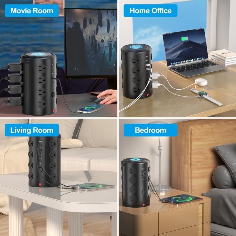 Power Strip Surge Protector Tower with 16 Outlets and 5 USB Ports (2 USB-C), 10ft Extension Cord, 45° Flat Plug, Charging Station for Home, Office, Dorm Room Essentials (Black)