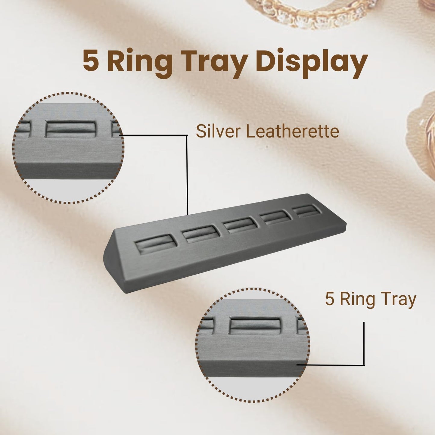 Novel Box 5-Slot Silver Leatherette Rings/Earrings/Cufflinks Holder Tray 8.12x1.75x1 Inches - Ring Holder Organizer for Selling or Personal Use - Jewelry Display Trays for Special Occasions