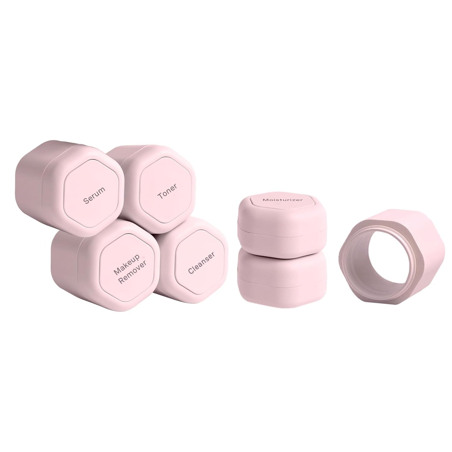 Cadence Travel Containers - Full Skincare Set - Magnetic Containers with Lids,Carry On Travel Essentials For Women/Men - 2 Small (0.56oz), 4 Medium Capsules (1.32oz), & Extender (1.43oz) - Petal
