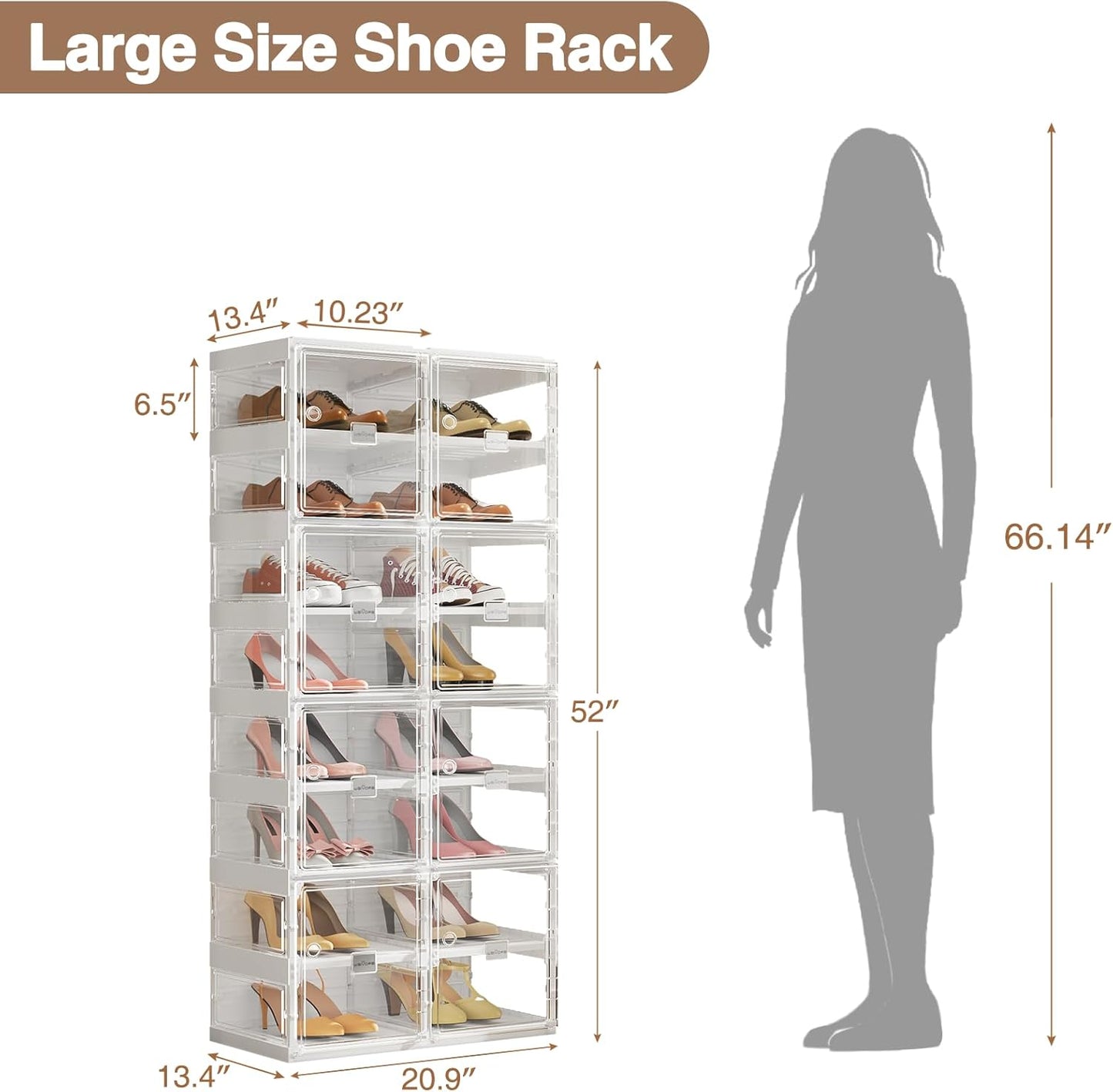 BROVIEW Foldable Shoe Rack, Large Stackable Sneaker Organizer Storage Box with Magnetic Clear Door, Plastic Folding Shoes Cabinet Bins, Shoe Shelf Space Saving for Closet, Entryway 8 Tier 16 Grids