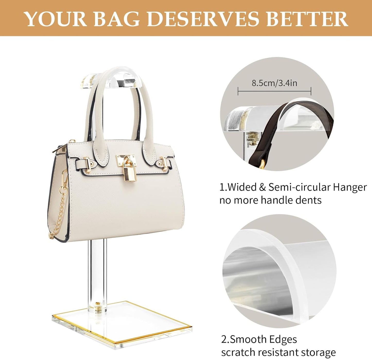 Adjustable Purse Display Stands, 2pc-9" to 16"&13"-24", Acrylic Purse Holder Stand, 8.5mm Thick Base Clear Handbag Hanging Stand for Vendor Boutique Retail Counter Display Tote Bag Clutch Jewelry
