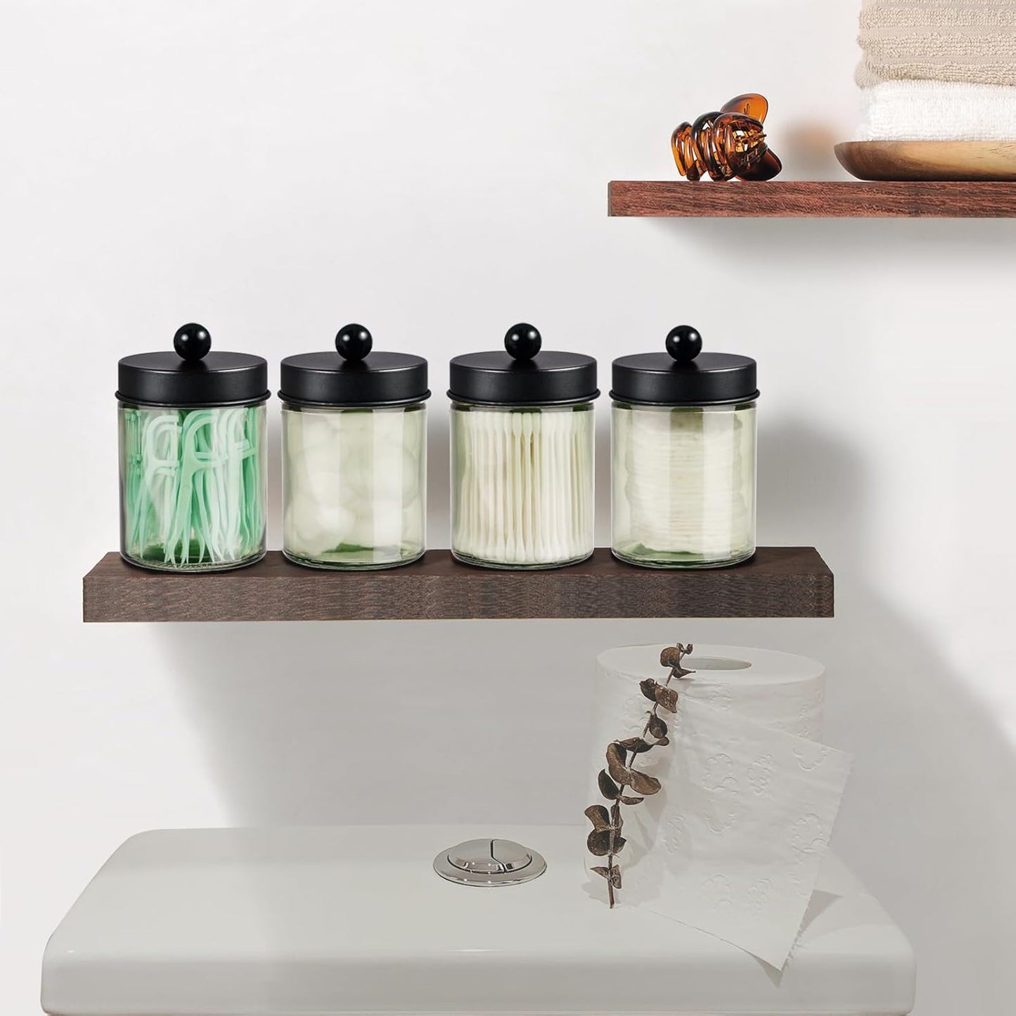 Amolliar Sage Green Glass Apothecary Jar, Qtip Holder Metal Lid & Stickers, Bathroom Qtip Dispenser Storage Canister, Perfect for Cotton Balls, Cotton Swabs, Round Pads, Bath Salt, Floss, Black 2 Pack