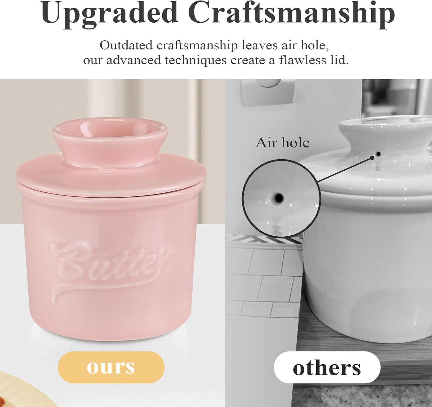 Ceramic Butter Crock with Lid & Spreader Knife, Butter Keeper - Ideal Butter Storage & Countertop Butter Dish,Pink