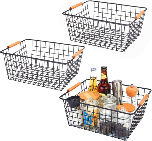 LeleCAT Large black wire baskets with Wooden Handles for storage pantry, Storage Organizer Baskets, Household Refrigerator for Cabinets, Closets, Bedrooms, kitchen - Set of 3 Black