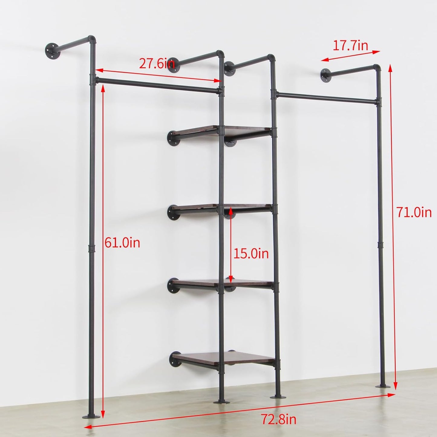 Wall Mounted Industrial Pipe Heavy Duty Clothes Rack, Clothing Rods for Hanging Clothes, Freestanding Clothing Rack with 2 Hang Rods & 4 Shelves, 72.8" W x 17.7" D x 71" H