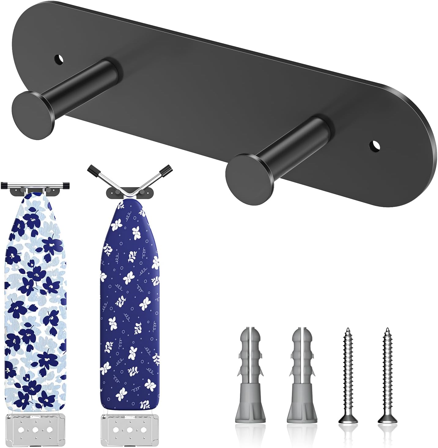 Ironing Board Holder Wall Mount,Ironing Board Hanger with Removable Hooks, Laundry Rooms Stainless Steel Ironing Boards Hook for Wall for Y or T Leg (Black)