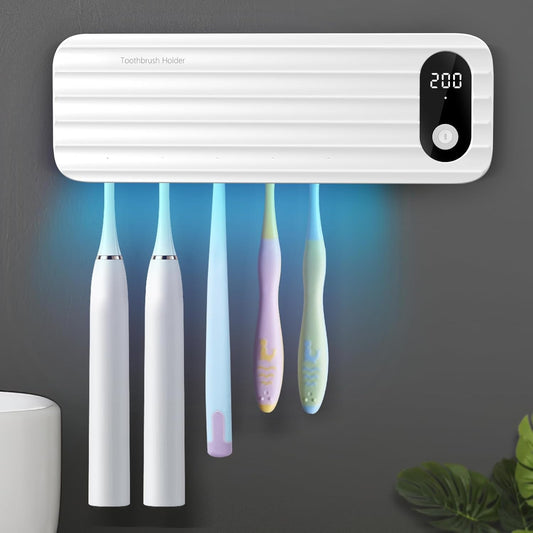 Sanitizeri Toothbrush Cleaner with 5 Slots, Smart Sanitizeri Toothbrush Holder Organizer, Cordless No Drilling Wall Mounted Rechargeable Holders for Bathroom Family, 200/400s Timer Function