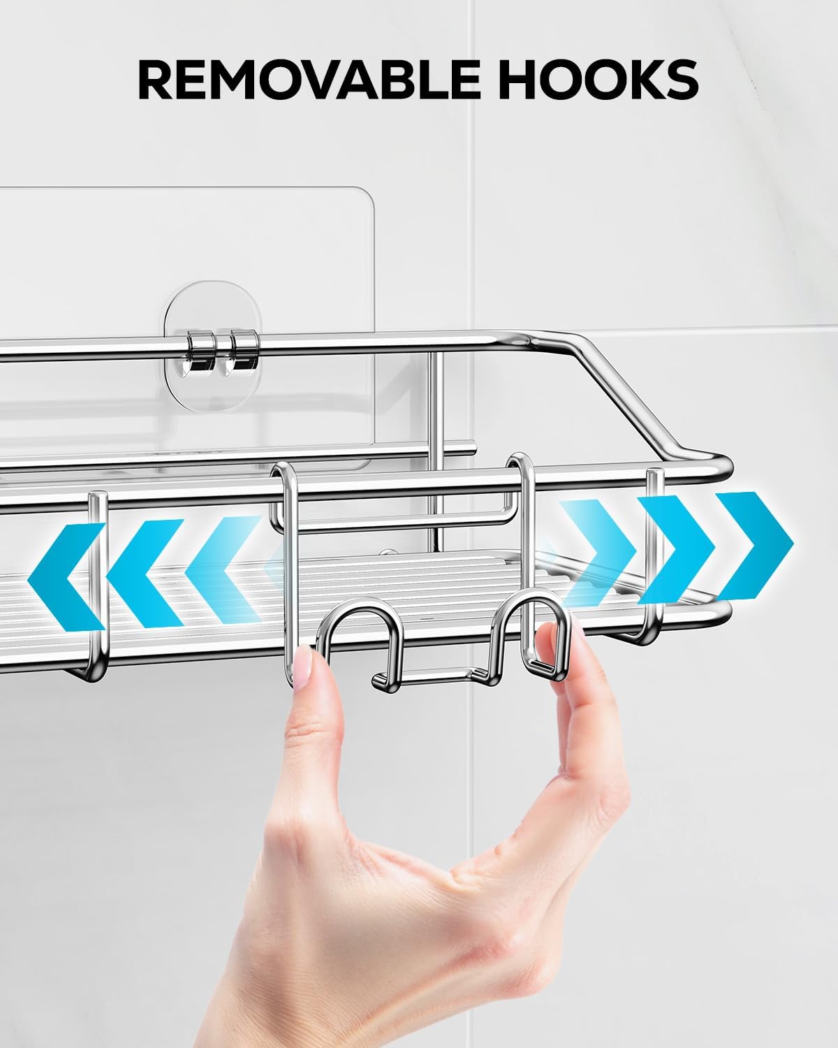 Nieifi Shower Caddy Shelf with Hooks Storage Rack Organizer Adhesive Stainless Steel without Drilling for Bathroom, Lavatory, Washroom, Restroom, Shower, Toilet, Kitchen (Sliver, 3 Pack)