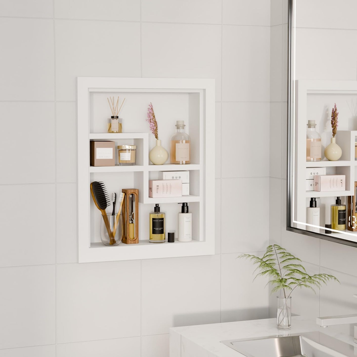 Solid Wood 14 X 18 Recessed Medicine Cabinet,2-Tier, Medicine Cabinet Organizer,Wall Niche, Bathroom Wall Cabinet, Recessed Bathroom Cabinet, Bathroom Cabinet with Storage White