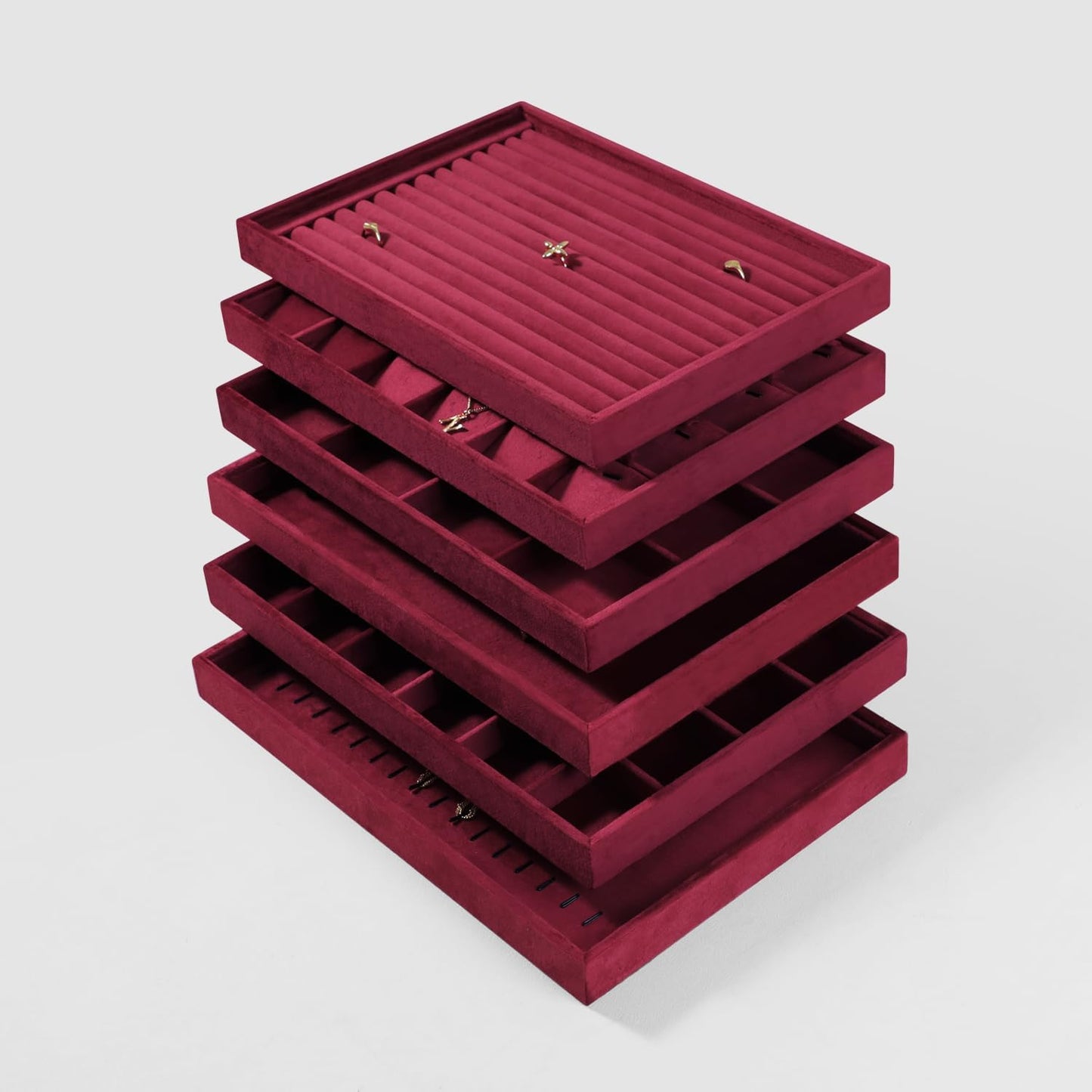 Velvet Ring Display Tray, Stackable Muilt Slot Rings Ear Stud Storage Tray, Drawer Insert Jewelry Accessories Organizers Plate (Red)