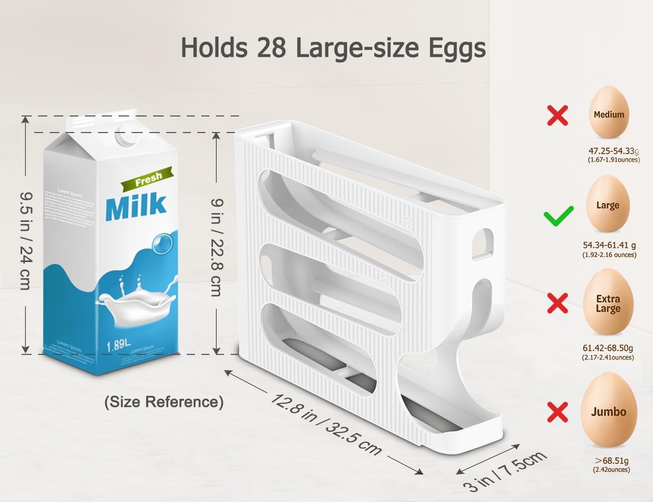 Egg Holder for Fridge, Automatic Rolling Egg Dispenser for Refrigerator, Countertop, Kitchen - Space-saving Egg Roller/Organizer/Storage/Container/Tray for Fridge - 1 Pack for 28 Large Size Eggs