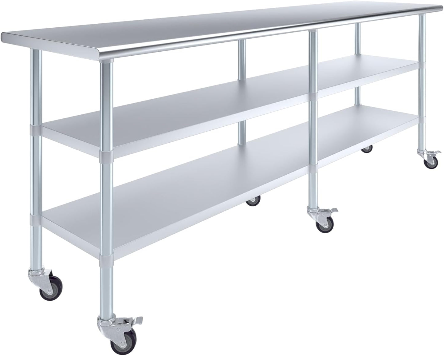 AmGood Stainless Steel Work Table with 2 Shelves and Casters | Metal Utility Table On Wheels (Stainless Steel, 96" Long x 24" Deep)