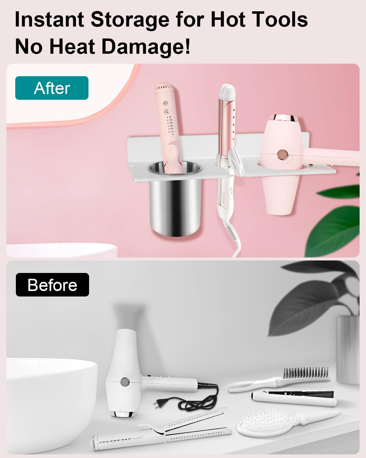Hair Tool Organizer, Hair Dryer Holder with Heatproof Steel Cups, Acrylic Vanity Organizer for Curling Iron, Flat Iron & Hair Brushes, Perfect for Bathroom (White, Compact)