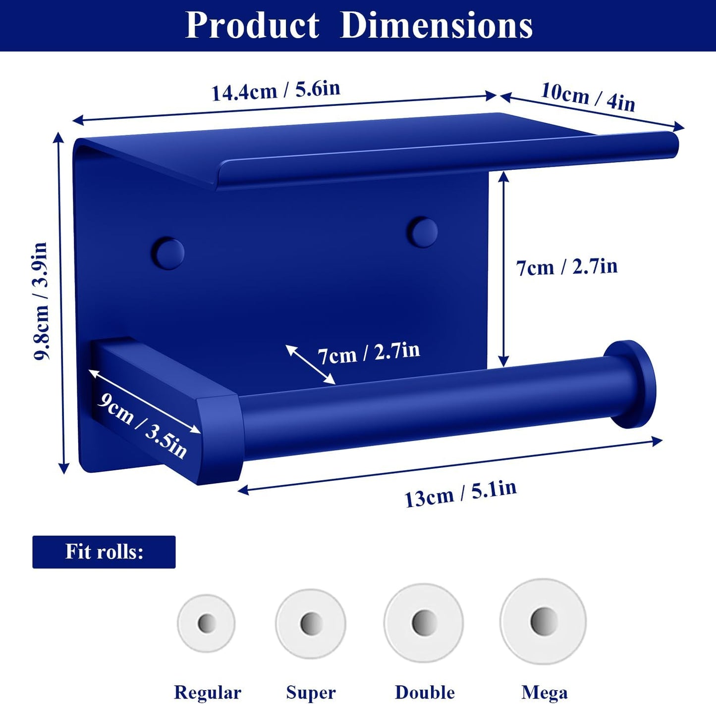 Tindbea Toilet Paper Holder with Shelf Adhesive or Screw Wall Mounted Toilet Paper Roll Dispenser Storage, Stainless Steel Bathroom Shelf Holder Accessories (Klein Blue)