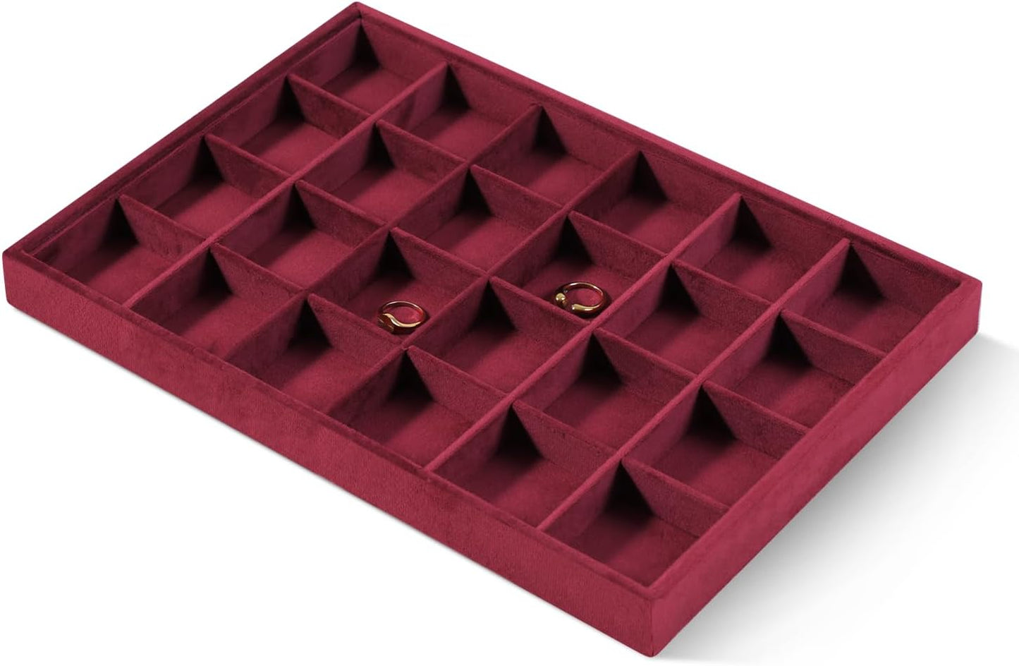 Velvet Stackable Jewelry Display Tray, 24 Grid Earring Ring Storage Tray, Drawer Divider Jewelry Accessories Organizer Plate (Red)