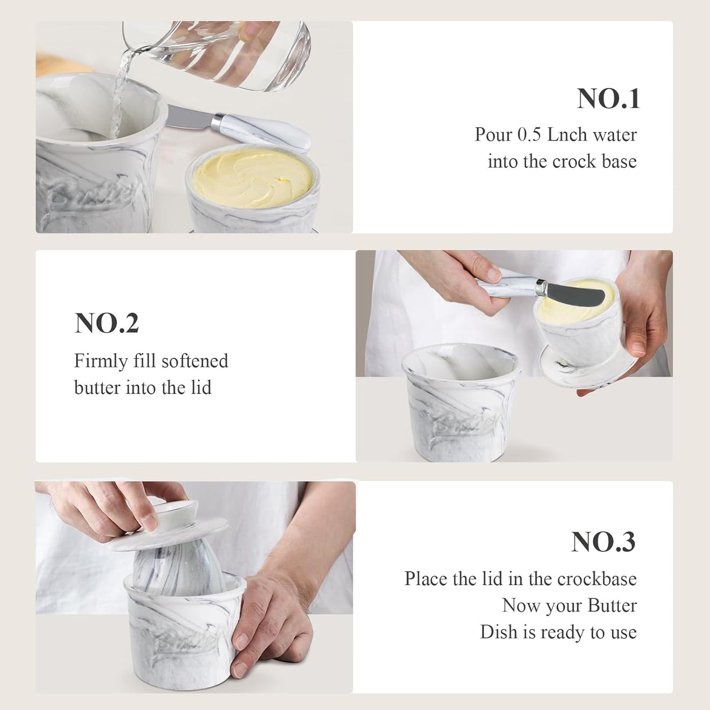 Ceramic Butter Crock with Lid & Spreader Knife, Butter Keeper - Ideal Butter Storage & Countertop Butter Dish, Marble White