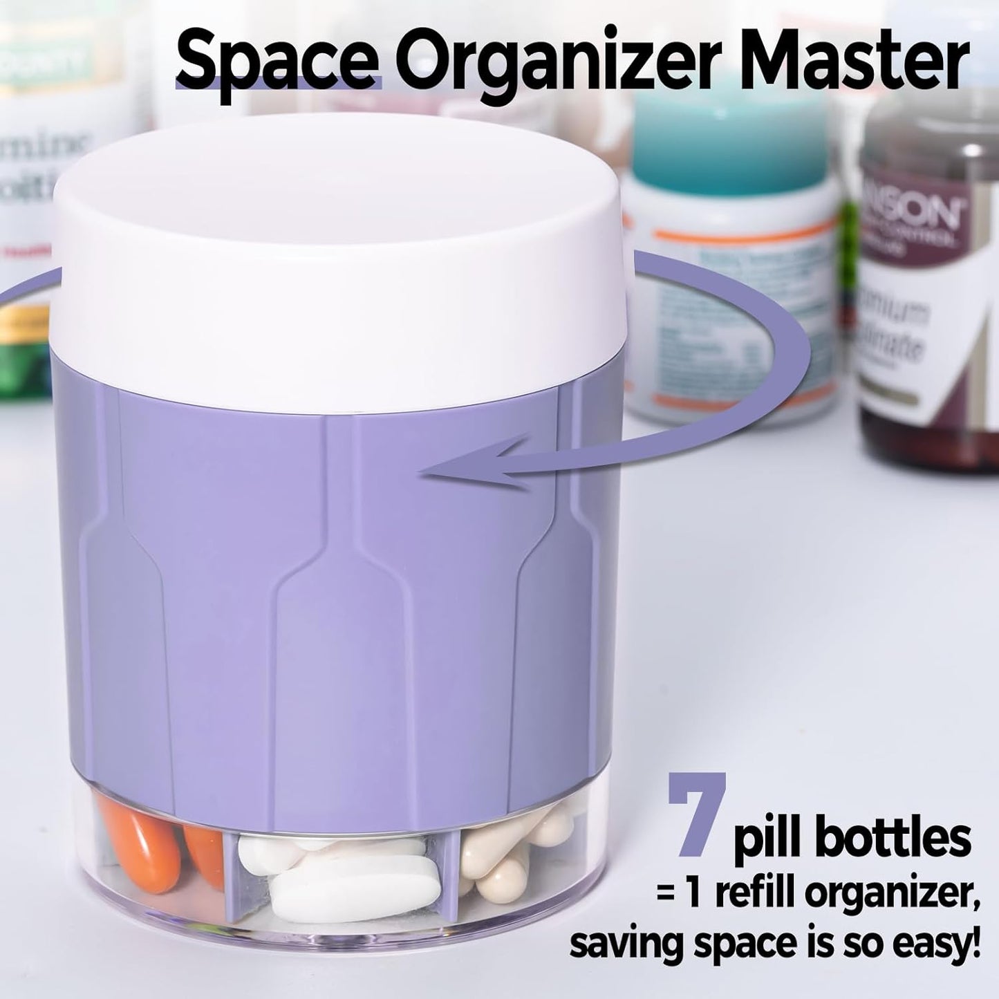 Betife Extra Large Supplement Organizer,Weekly Pill Organizer Bottle, Daily Pill Dispenser with 7 Large Compartments, Organizer to Hold 7 Day Vitamin Medication,21 labels and a cleaning brush (Purple)