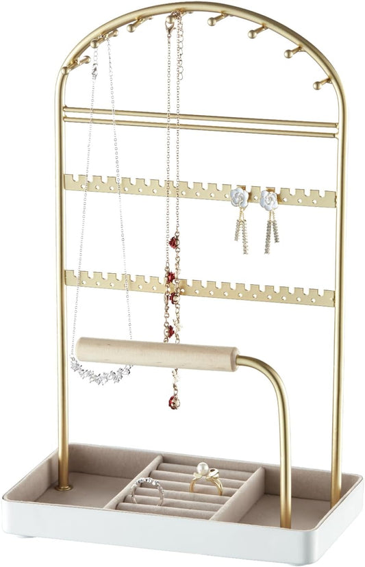Multi-Functional Jewelry Holder Organizer Necklace Display Stand Velvet Lined Bar for Rings 2 Tier with 18 Hooks, 32 Earring Holes - Sturdy and Durable, Easy Organization White & Gold