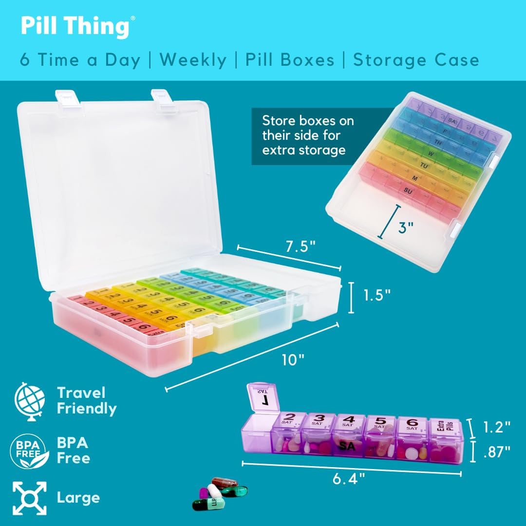 6 Times a Day Weekly Pill Box Organizer Case, Secure 7X Pillbox with Medication Schedule (6 Time-a-Day)