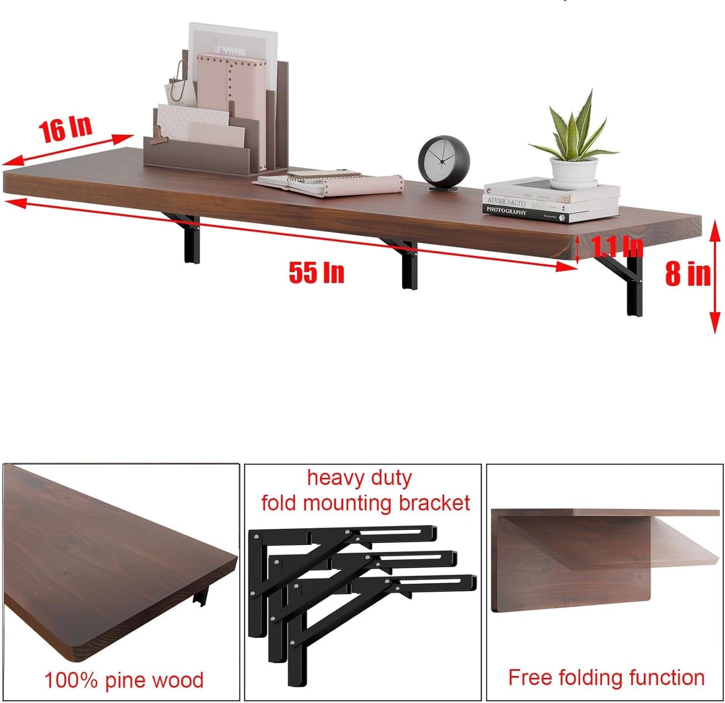 IAE Wall Mounted Folding Table with Pine Wood,55" x 16" Floating Wall Desk,Laundry Folding Table with Shelf Brackets,Fold Down Desk Shelf,Folding Workbench for Home,Dining,Laundry Room,Kitchen,Brown