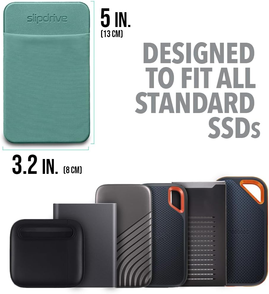 Slipdrive - Portable Hard Drive Sleeve for Laptop - SSD Solid State Drive - Reusable Adhesive - 5” x 3.2” Stick on External Hard Drive Carrying Case - Travel Pocket Pouch (Small, Aqua)