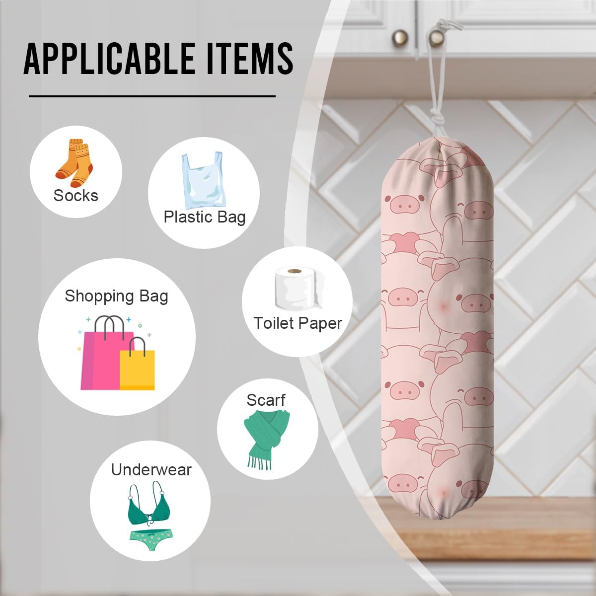Pig Plastic Bag Holder, Wall Mount Plastic Bags Storage Container Dispenser, Cute Farmhouse Kitchen Decor Gifts for Women Pigs Lover, Kitchen Pattern Garbage Bag 42