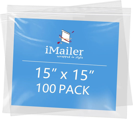 iMailer- 15" x 15" 100 Pack- 2 Mil Resealable Zip Bags- Clear Plastic Bags with Zip Top Lock for Storage, Organizing, Crafts, Travel