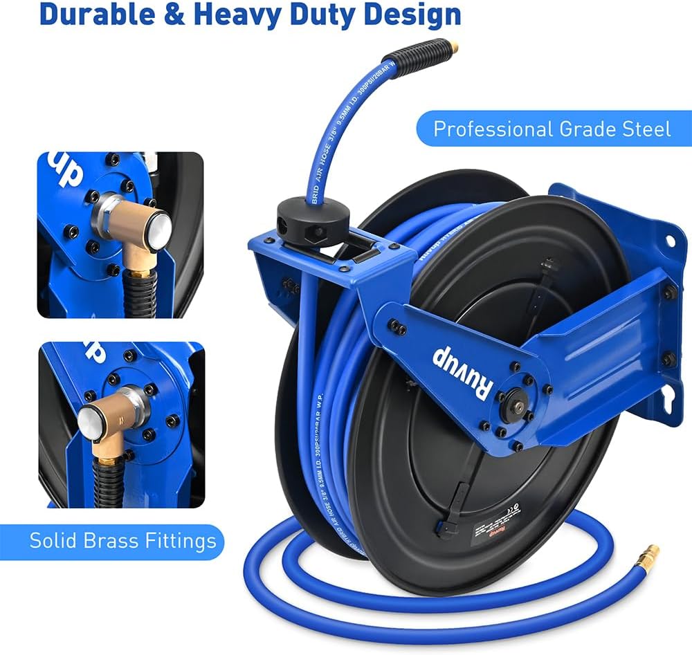 Ruvup Retractable Air Hose Reel, 3/8" x 75ft Air Compressor Hose Reel Auto Rewind Hybrid Hose Max 300PSI with 6.5ft Lead Hose Heavy Duty Steel Double Arm with 12-Position Ratchet Lock