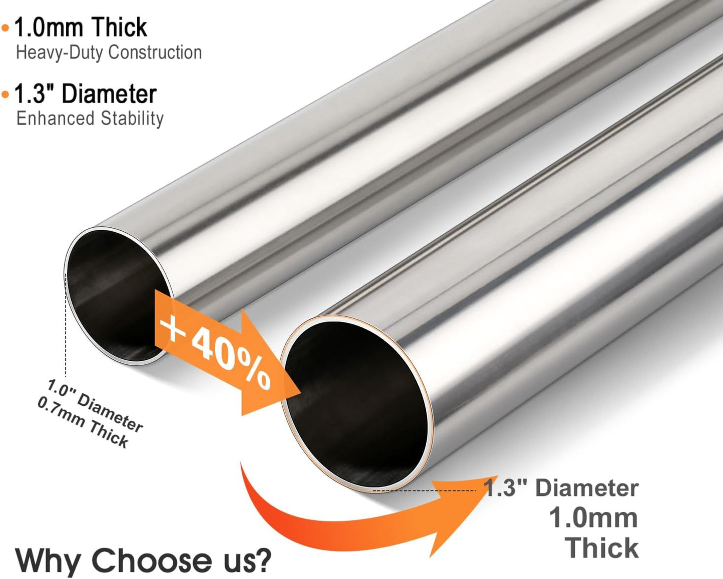 FIRJOY Premium Stainless Steel Closet Rod 1.0mm/1.3", Heavy Duty Adjustable Hanging Bar for Clothes Organization, No-Splice 1-Piece Telescoping Design (Silver, 16.9" - 26.9")