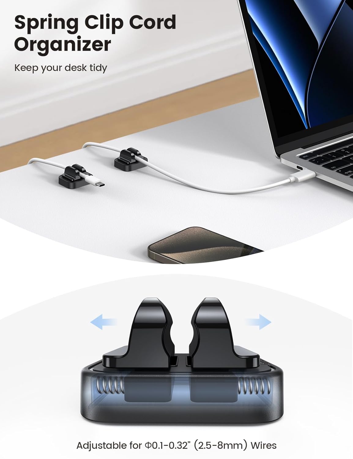 10Pack [Spring Fixed] Cord Holder Clips, Cord Organizer for Desk - Lamicall Adjustable Clips Cable Management, Phone Charger Cord Holder, Wall Car Desktop Nightstand Wire Cord Organizer