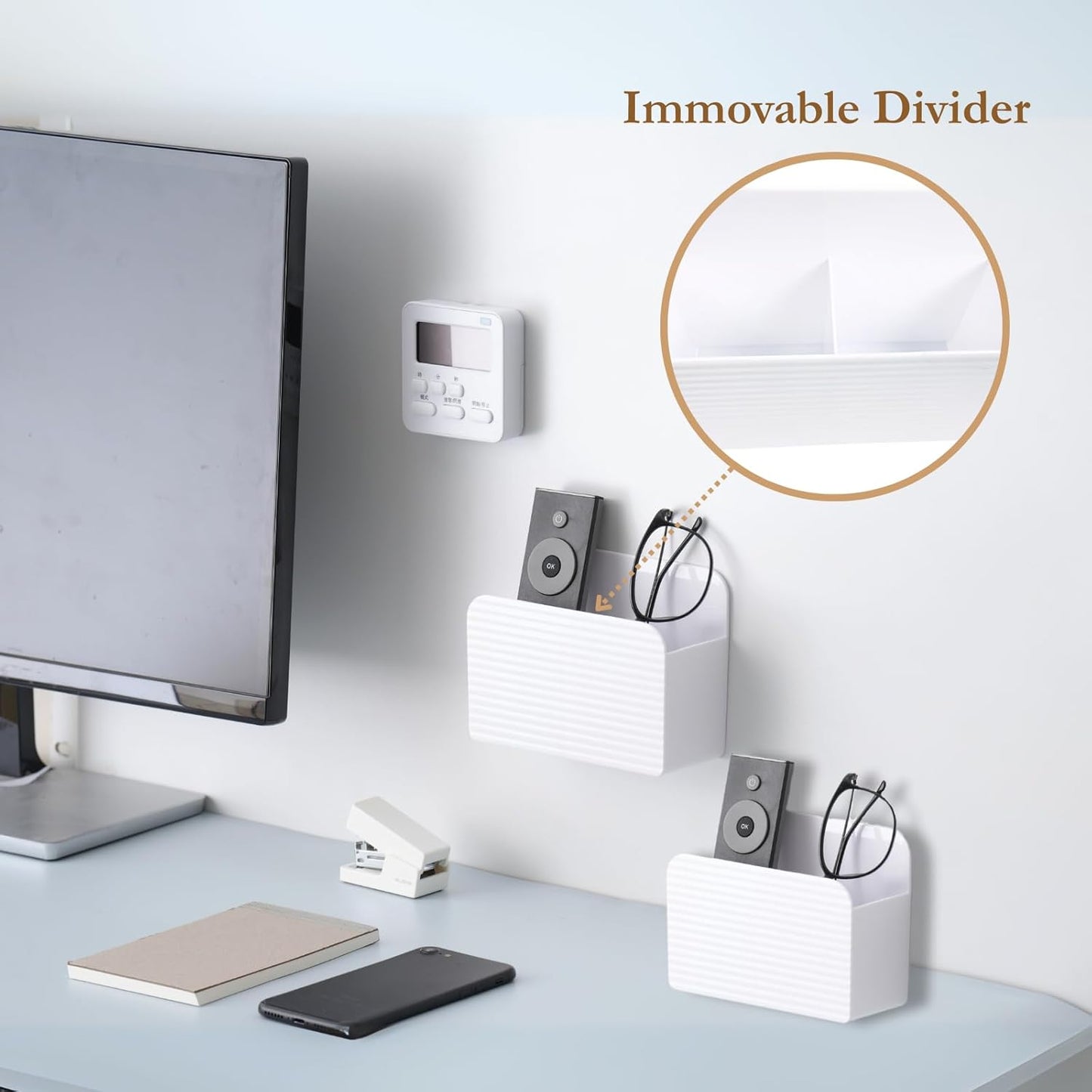 LINFIDITE Adhesive TV Remote Control Holder Wall Mount TV Remote Holder For Bedside Wall Remote Control Caddy Storage Organizer Stand Box （For 2 Or 4 Remote Controls –Whtie – Quantity 1）