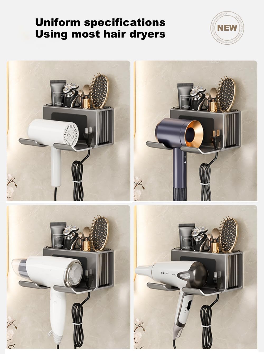 Hair Dryer Holder Wall Mounted,with Individually Removable Organizer Box, Aluminum Blow Dryer Holder for Bathroom, Salon Organizers & Storage(Gunmetal Grey),Weight Capacity 10 kg (22 lbs)