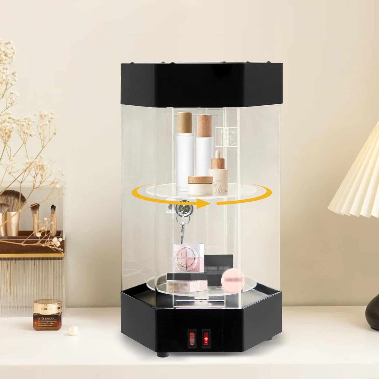 LED Electric Rotating Acrylic Display Case, Jewelry Display Case, Free Standing Electric Rotating Display Case with Lock and Keys for Cosmetics Jewelry Watch Sunglasses White/Balck (Black)