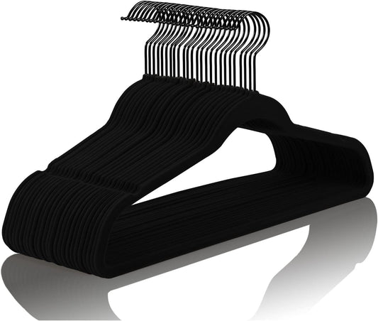 MIZGI Premium All Black Velvet Hangers with Black Hooks (50 Pack) Heavy Duty - Non Slip Felt Hangers - 360 Degree Swivel,Space Saving Clothes Hangers,Durable Strong Hanger for Suits,Coat