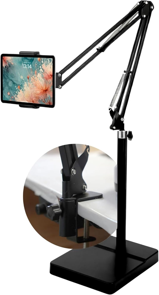 2-in-1 Tablet Floor Stand with tablet stand for desk – Stable 8lb Base with Stretchable Arm for Bed, Couch, or Desk Compatible with iPads, Galaxy Tabs, Surface Pro, Phones & E-Readers (4.7"–12.9")