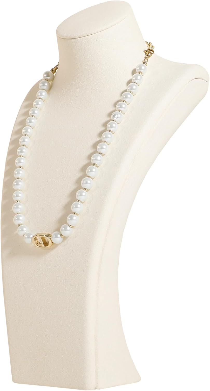 GemeShou Beige necklace storage organizer for sale, Velvet necklace holder stand, jewelry bust display stands, Jewelry Mannequin for Countertop, Showcase【Beige-Medium height 10.43 inch】