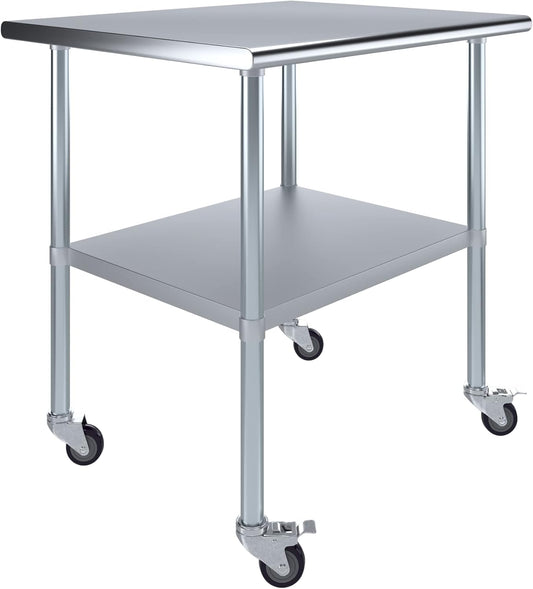 AmGood 30" x 36" Stainless Steel Work Table with Casters | Heavy Duty Metal Utility Table On Wheels | Kitchen Island Cart