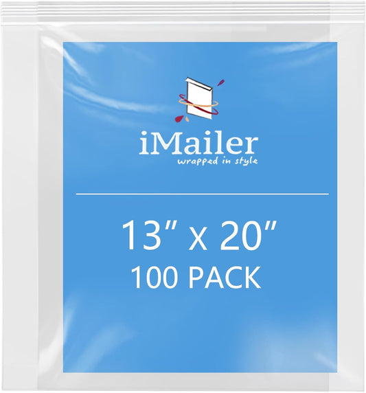 iMailer- 13" x 20" 100 Pack- 2 Mil Resealable Zip Bags- Clear Plastic Bags with Zip Top Lock for Storage, Organizing, Crafts, Travel
