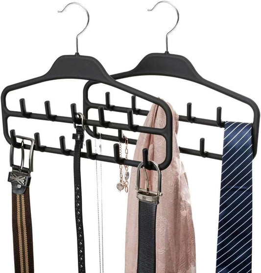 FairyHaus Belt Hanger Organizer 2 Pack, Non Slip Tie Rack Holder, Durable Hanging Closet Accessory Hooks for Belts, Ties, Jewelry, Scarves, Black