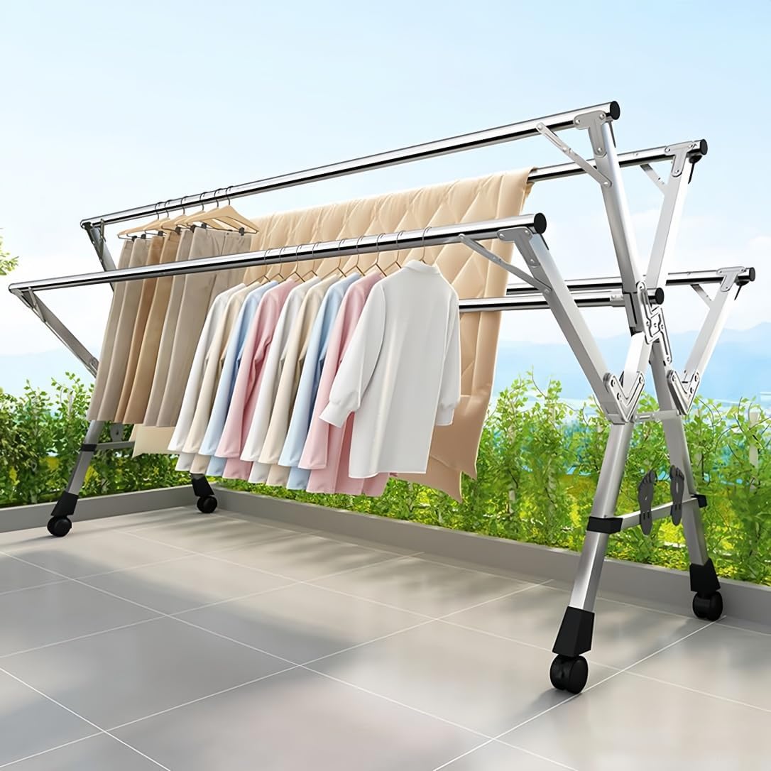 Adjustable 5-Bar Clothes Drying Rack, Foldable Stainless Steel Laundry Stand with Lockable Wheels, Extendable from 59 to 94.5 Inches,for Clothes, Shoes, and Bedding