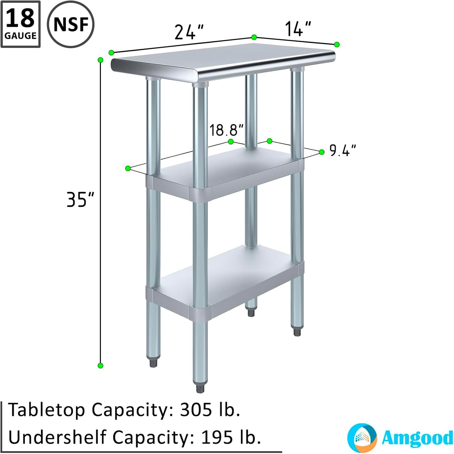 AmGood Stainless Steel Work Table with 2 Shelves | NSF | Metal Utility Table (24" Long x 14" Deep)