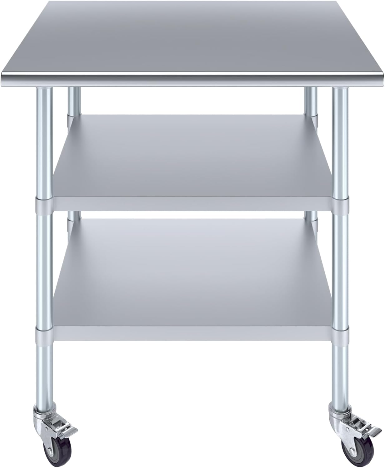 AmGood Stainless Steel Work Table with 2 Shelves and Casters | Metal Utility Table On Wheels (Stainless Steel Work Table with 2 Shelves + Casters, 36" Long x 30" Deep)